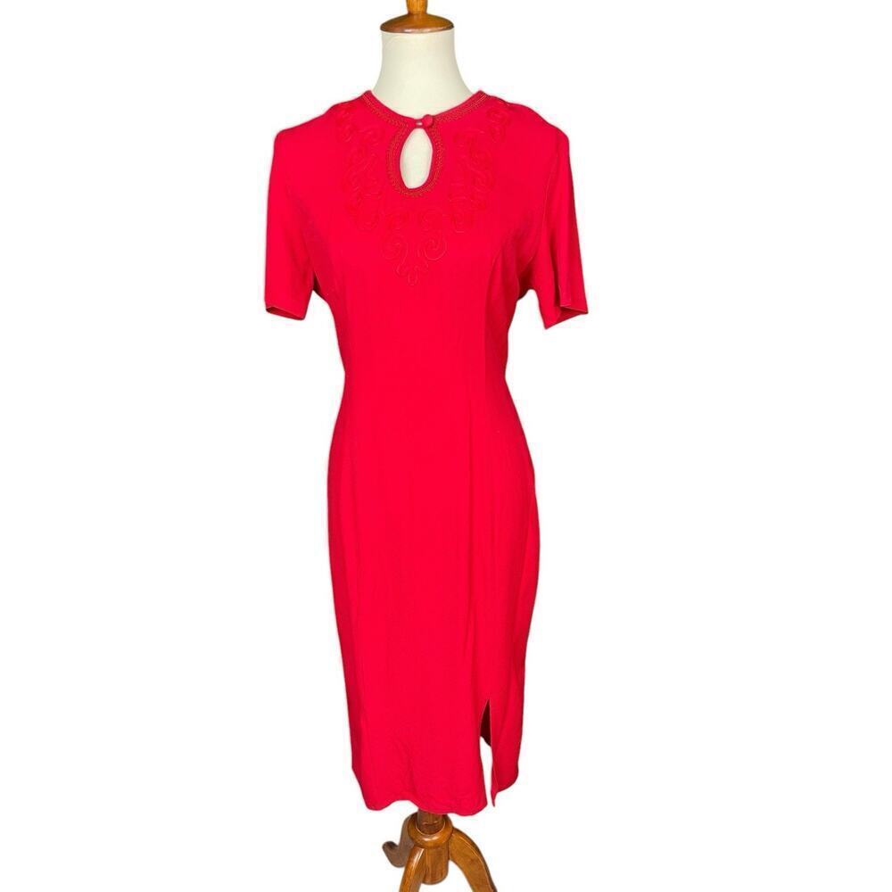 Vintage 90s Dawn Joy Red Pencil Dress - Size 9/10, Embroidered